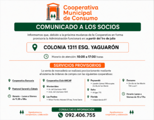Comunicamos a nuestros socios una nueva logística PROVISORIA por próxima mudanza , la misma regirá desde el próximo miércoles 1ro de julio.